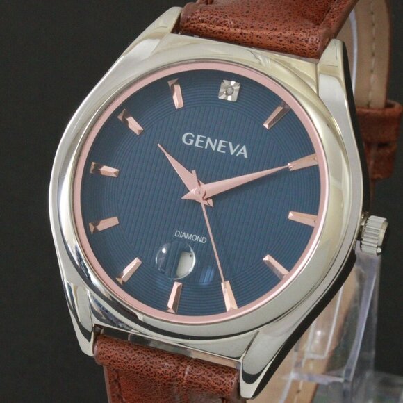 Geneva Men's Dress Watch Diamond At 12 Raised Indices Blue Dial Brown Strap 42mm - Picture 10 of 13